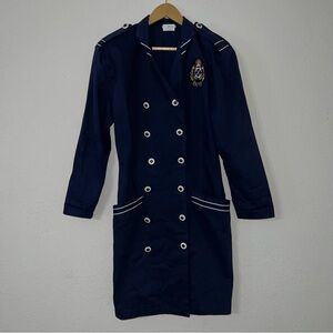 Navy Long Sleeve Double-Breasted Dress with Crest